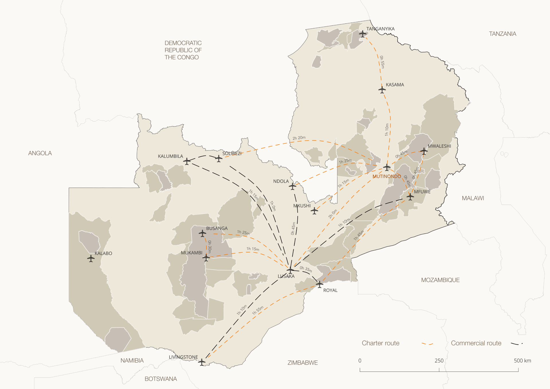 Map showing flight routes to Mutinondo Wilderness