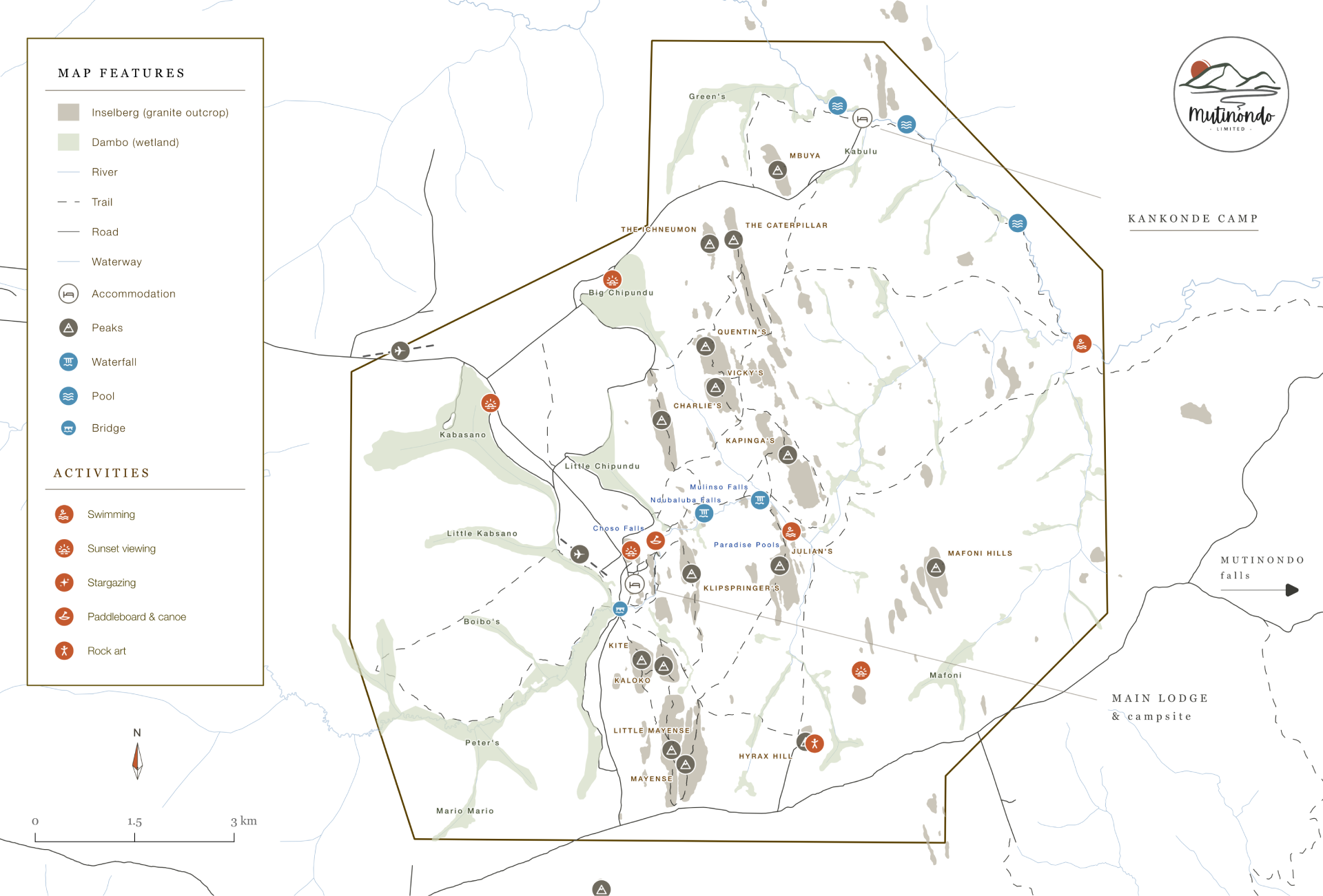 Map of Mutinondo Wilderness property layout showing location of Main Lodge and Kankonde Camp